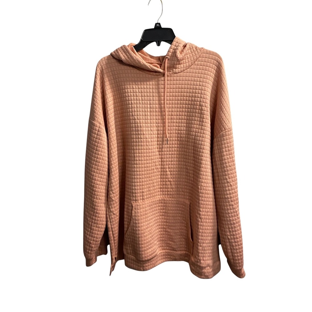 Women Peach Pink Quilted Oversized Hoodie Sweatshirt XL Drop Shoulder Pockets